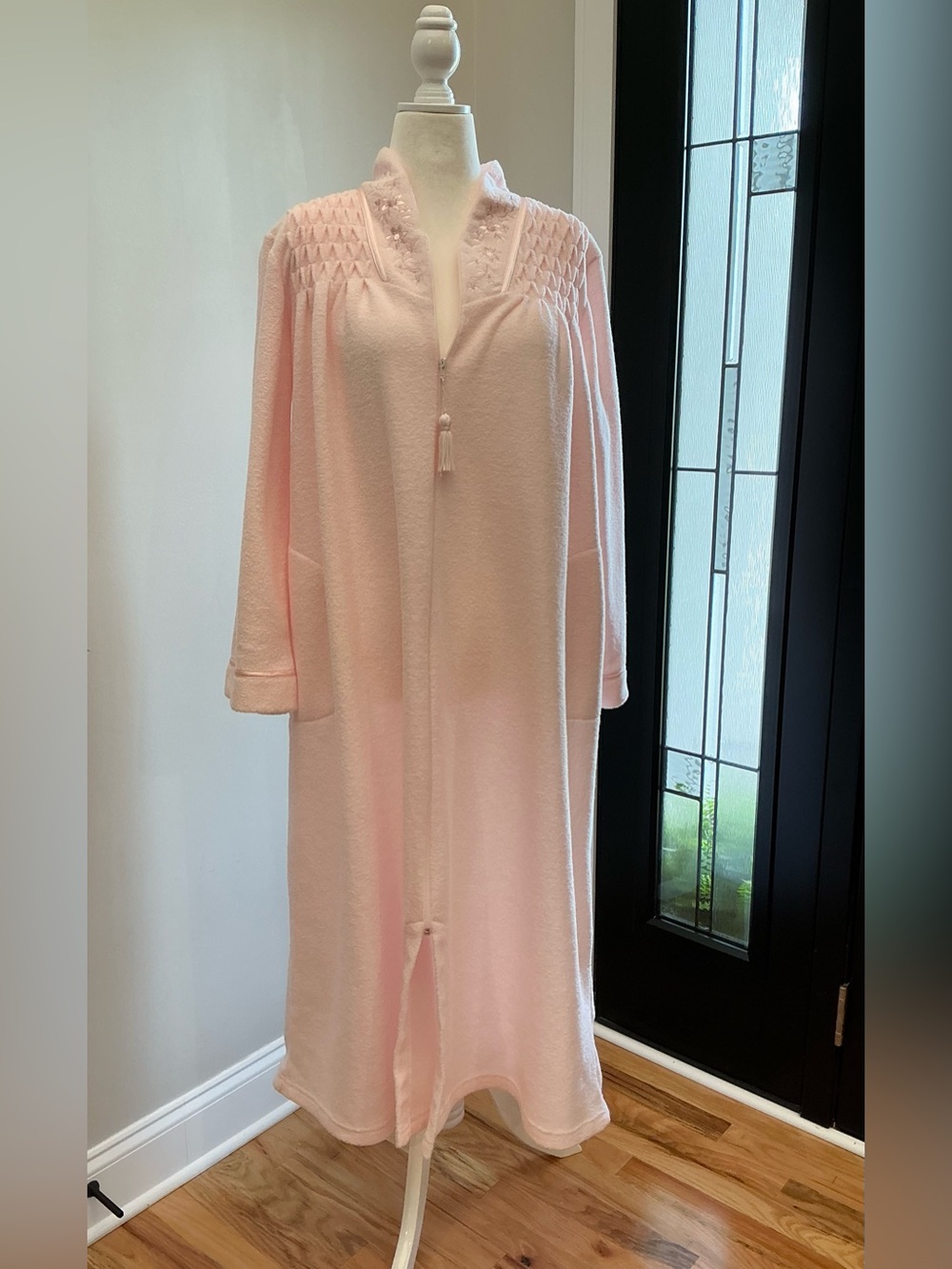 Miss Elaine Women's Pink Long Terry Robe with Embroidered Yoke Size Large